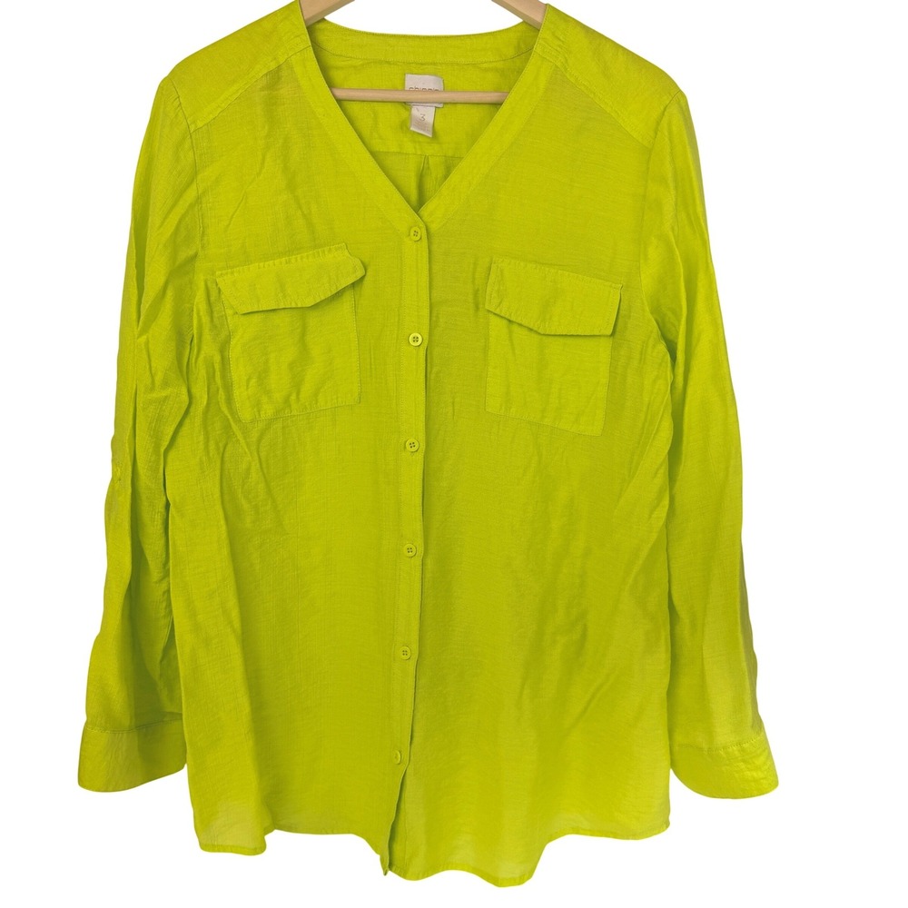 Chicos Size 3 Lime Green Button Front Blouse Utility Pockets Long Sleeve XL